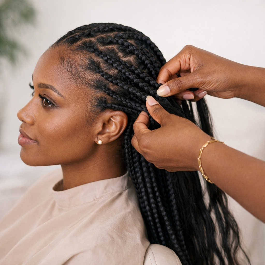 Close-up of a Black woman getting knotless braids installed in a salon, showing clean scalp parts and smooth synthetic braiding hair for a blog about braiding hair safety and Consumer Reports testing.