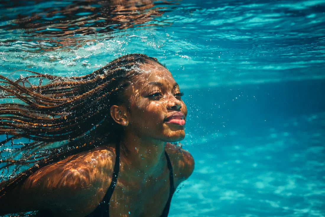 woman in water with non-toxic braids flowing