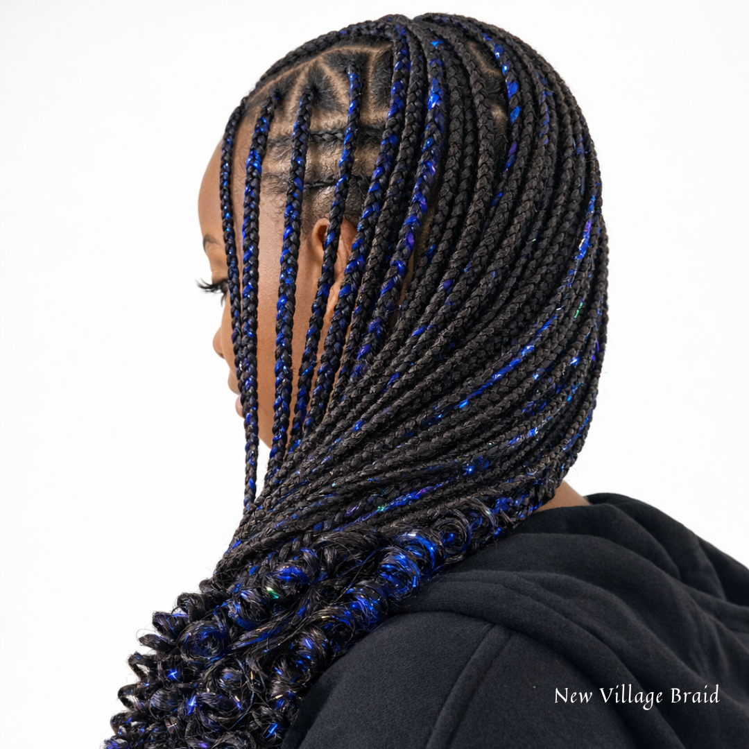 Woman with blue and black braided hair on a white background, with 'New Village Braid' branding.