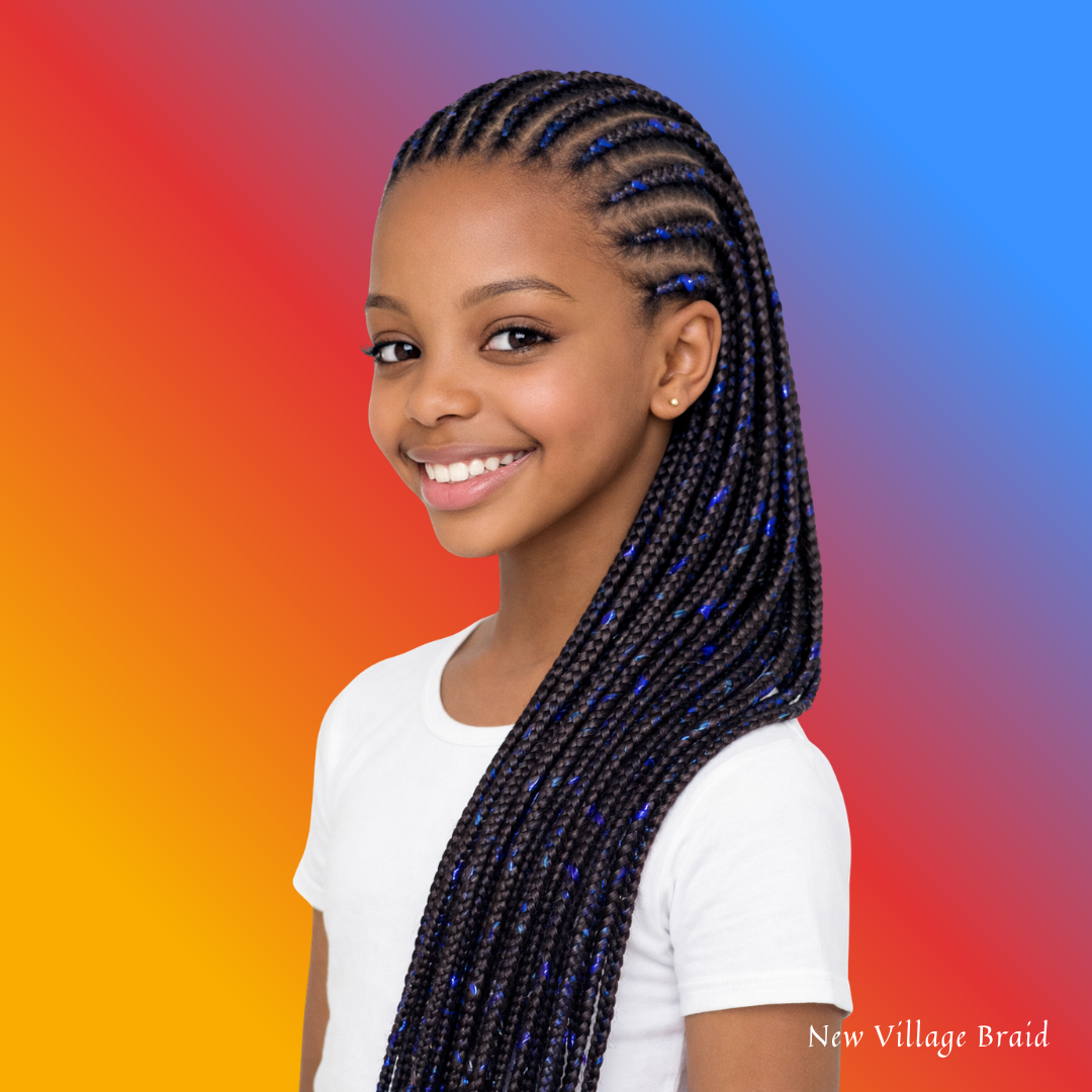 Beautiful Black girl wearing non-toxic cornrows with tinsel highlights by New Village Braid