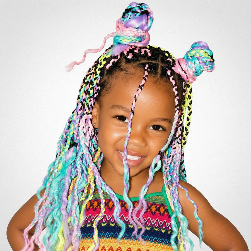 A young girl with vibrant, multicolored synthetic braids styled in half-up buns and long hanging tails, wearing a matching colorful striped crop top and skirt against a plain white background.