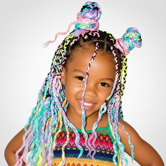 A young girl with vibrant, multicolored synthetic braids styled in half-up buns and long hanging tails, wearing a matching colorful striped crop top and skirt against a plain white background.