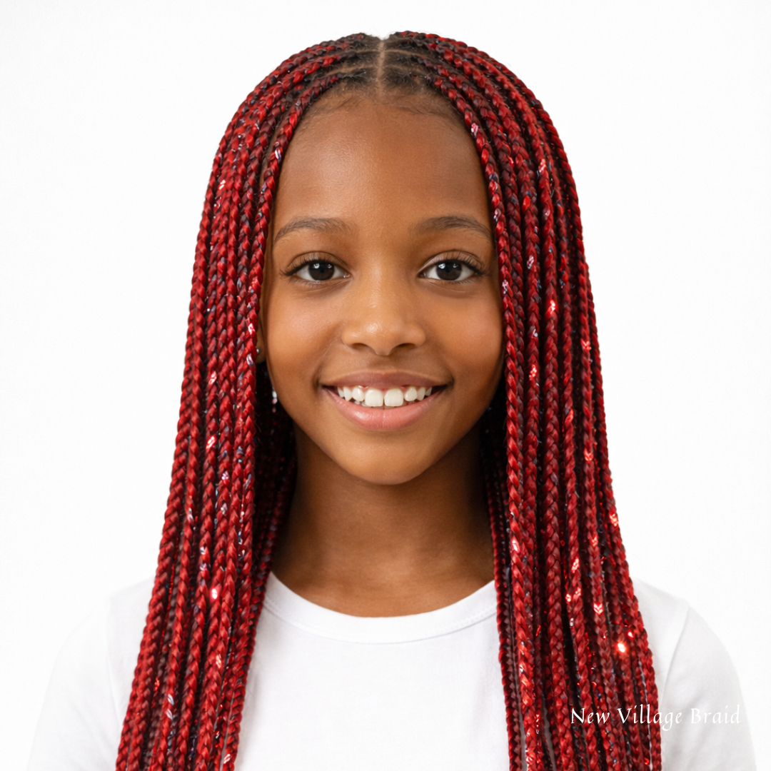 Beautiful Black girl wearing non-toxic braids with tinsel highlights by New Village Braid